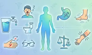 Ilustracja przedstawia sylwetkę człowieka otoczoną ikonami objawów cukrzycy: pragnienie, senność, częste oddawanie moczu, problemy ze wzrokiem, stopa, ręka, waga.