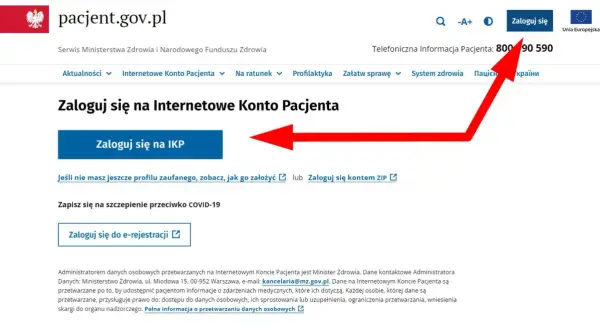 Zaloguj się na Internetowe Konto Pacjenta. Czerwona strzałka wskazuje przycisk "Zaloguj się na IKP".