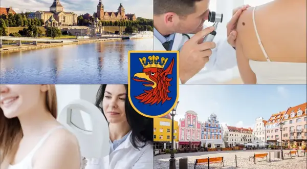 Kolaż: widok na Szczecin, dermatolog badający znamię, lekarz badający skórę pacjentki, herb Szczecina, kolorowe kamienice.