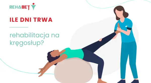 Ilustracja: fizjoterapeuta pomaga pacjentce ćwiczyć na piłce rehabilitacyjnej.