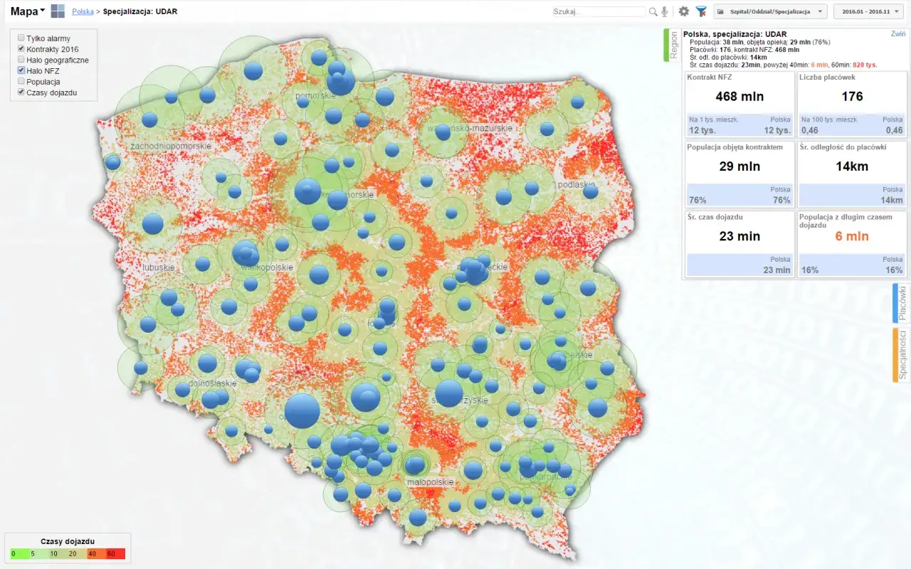 Mapa Polski z zaznaczonymi szpitalami rehabilitacyjnymi NFZ