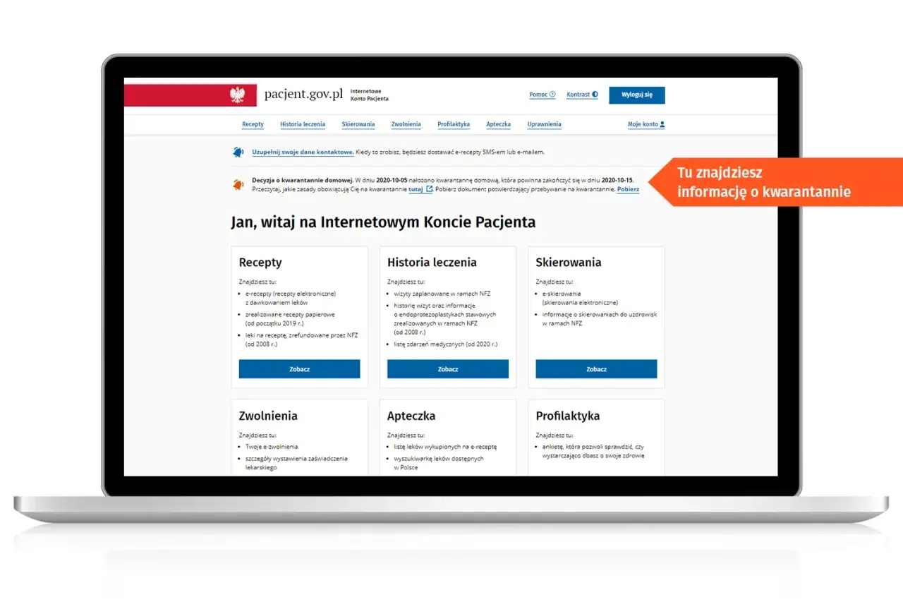 Mężczyzna sprawdzający status kwarantanny na laptopie IKP