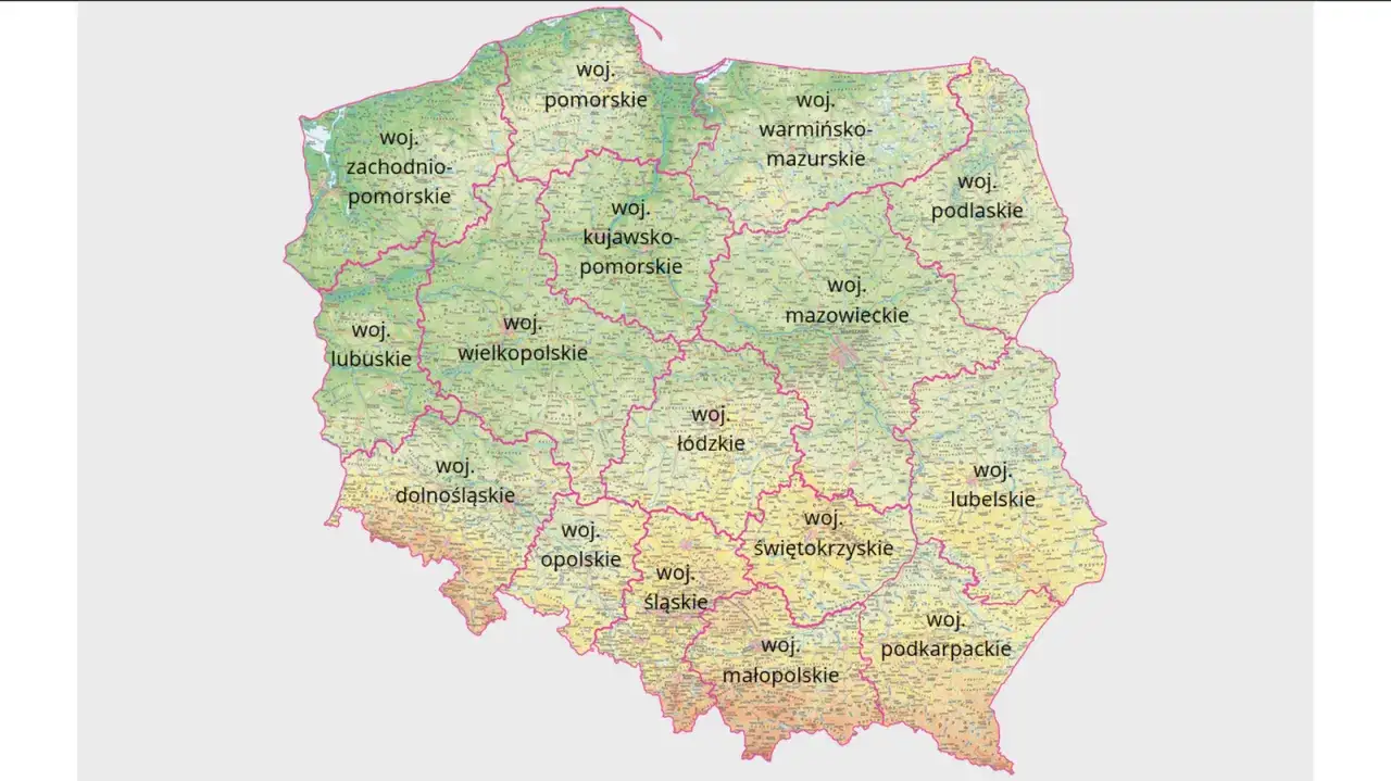 Mapa Polski z zaznaczonymi województwami i siedzibami NFZ