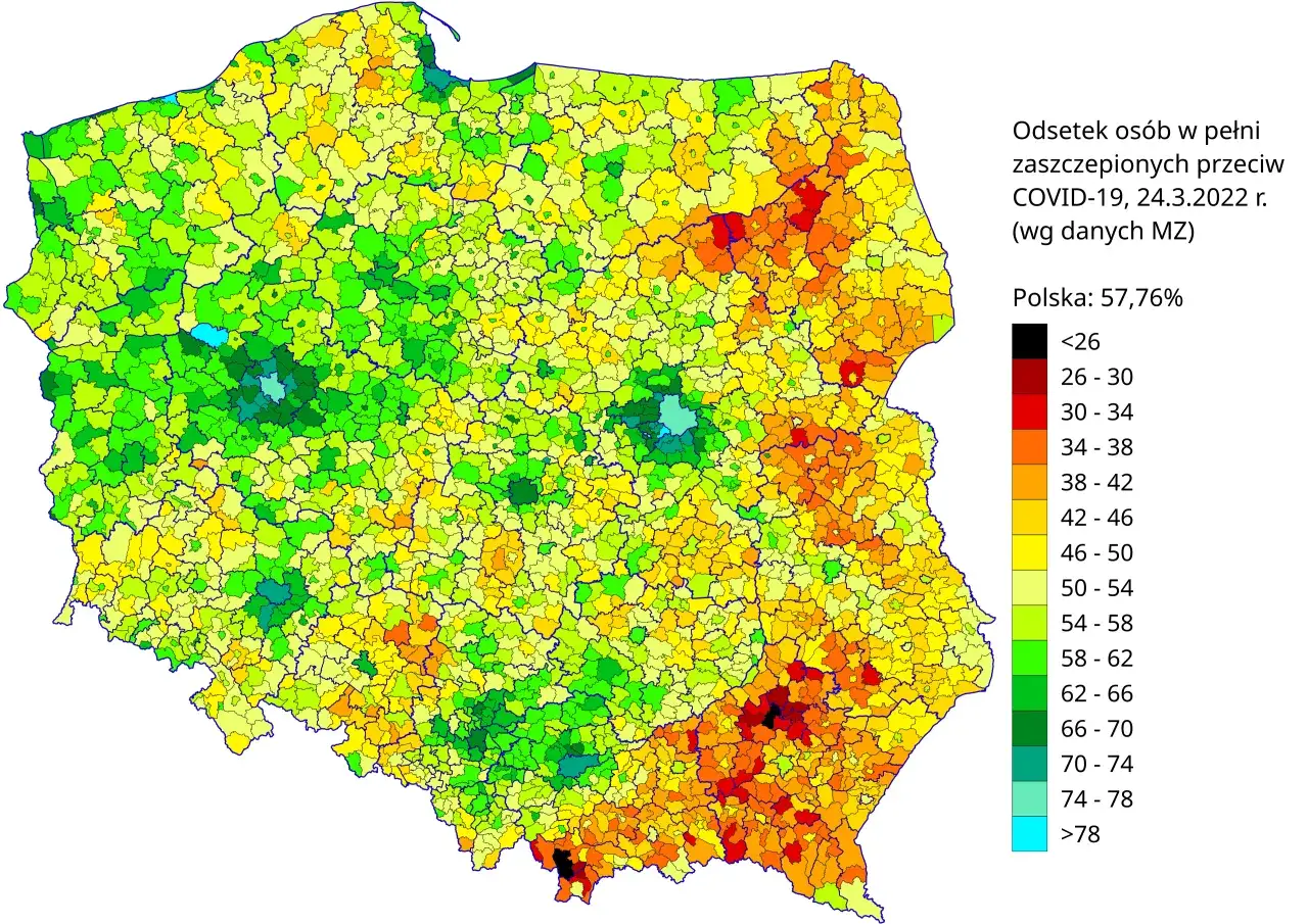 Mapa Polski z zaznaczonymi regionami i statystykami szczepień